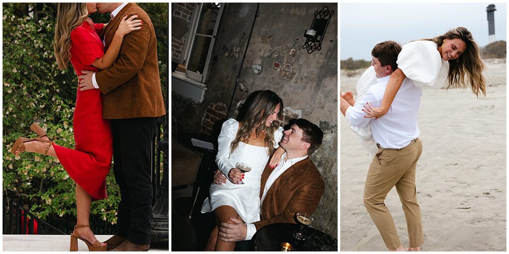 Three vertical images side by side of an engagement session in Charleston, South Carolina. In the first photo the couple is embracing and kissing. In the second photo the couple is looking at each other holding espresso martinis in a dimly lit room. In the third photo, the soon to be groom is holding his fiance over his shoulder walking on the beach with the Sullivan's light house in the background. All three photos taken by Emily Barnes of Emily B Creative.