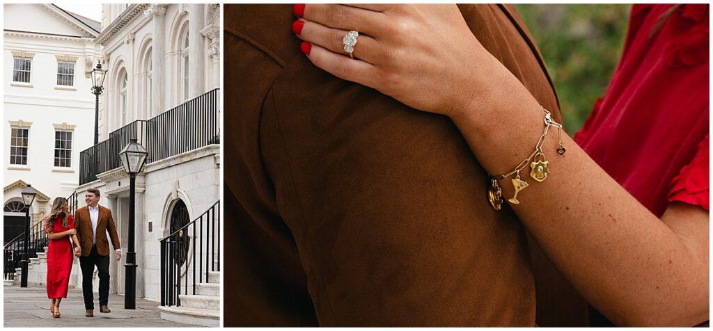 Two images side by side of an engagement session in Charleston, South Carolina. On the left, the couple is walking hand in hand beside City Hall. The second photo is a close up of the engagement ring. All photos taken by Emily Barnes of Emily B Creative.