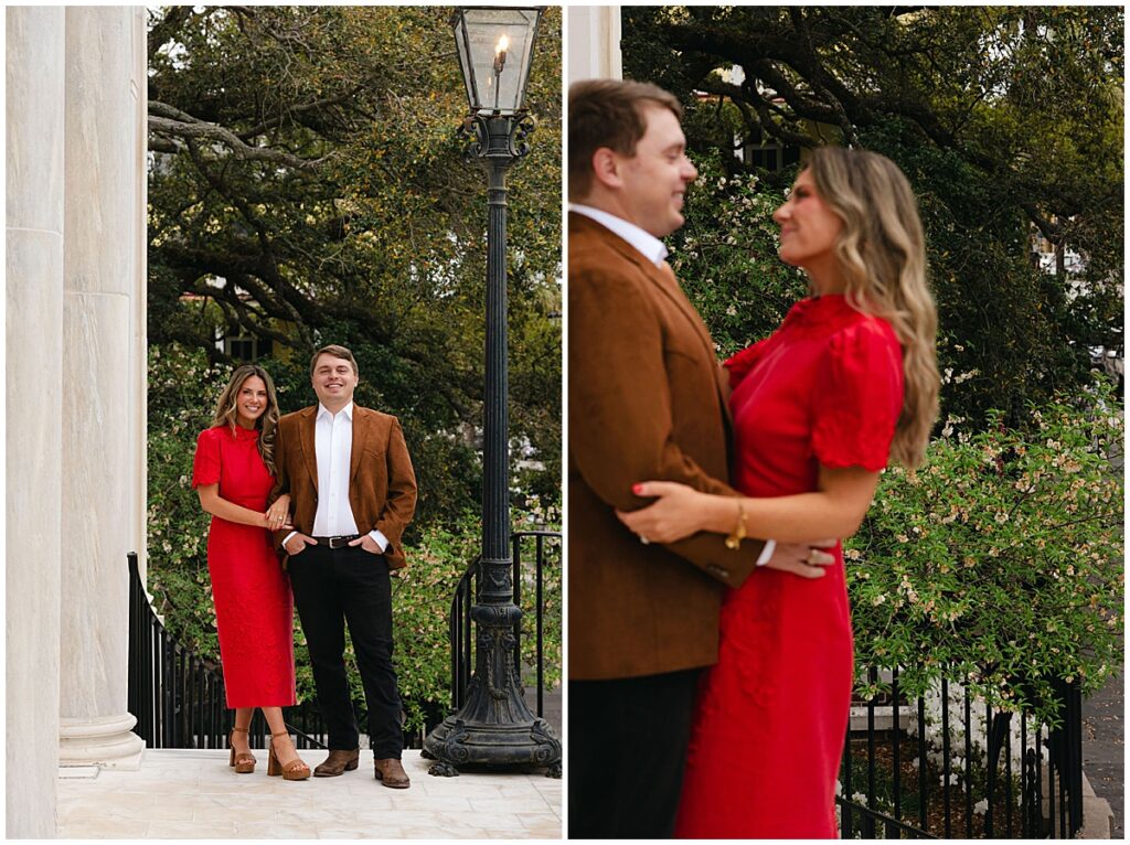 Two vertical images side by side of an engagement session in Charleston, South Carolina. On the left, the couple is standing side by side, the soon to be bride has her arm wrapped in the nook of her fiance's. They both smile at the camera. In the second photo the couple is facing towards each other with their arms wrapped around and smiling at one another. All photos taken by Emily Barnes of Emily B Creative.