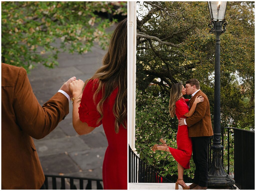 Two vertical images side by side of an engagement session in Charleston, South Carolina. On the left, the couple is walking down stairs, hand in hand with their backs to the camera. In the second photo the couple is facing towards each other with their arms wrapped around and kissing. All photos taken by Emily Barnes of Emily B Creative.