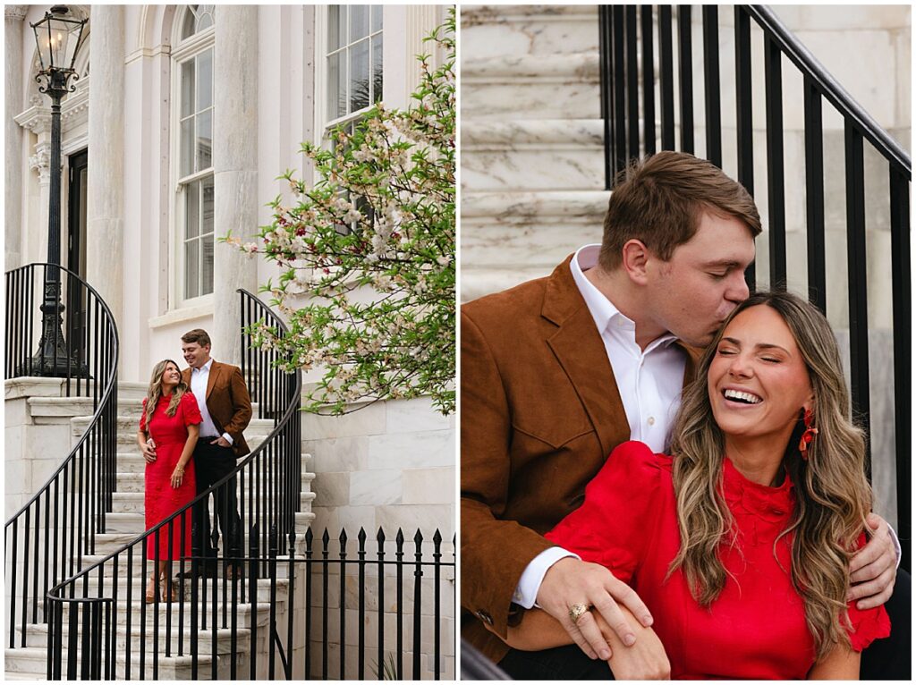 Two images side by side of an engagement session in Charleston, South Carolina. On the left, the couple is standing on the steps of City Hall, looking and smiling at each other. The second photo is a close up of the couple sitting on the steps of City Hall. Cab is kissing the side of his fiance's head. All photos taken by Emily Barnes of Emily B Creative.