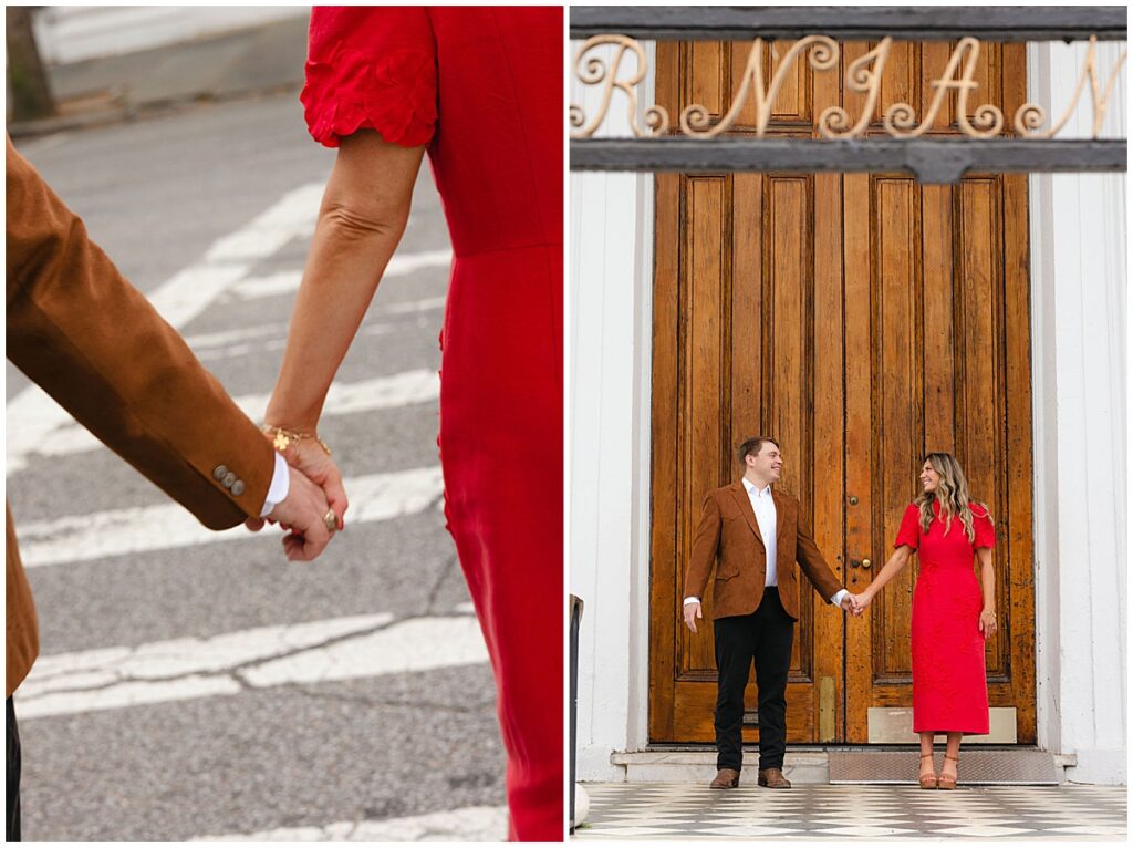 Two images side by side of an engagement session in Charleston, South Carolina. On the left, the couple is walking hand in hand across a crosswalk. The second photo is a wide shot of the couple standing in front of Hibernian's oak doors holding hands. All photos taken by Emily Barnes of Emily B Creative.