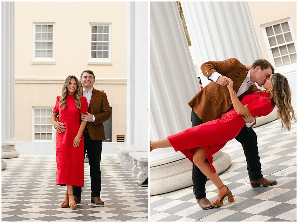 Two images side by side of an engagement session in Charleston, South Carolina. On the left, the couple is smiling at the camera. The second photo is a close up of the the couple dancing. The soon to be groom dips his fiance. All photos taken by Emily Barnes of Emily B Creative.