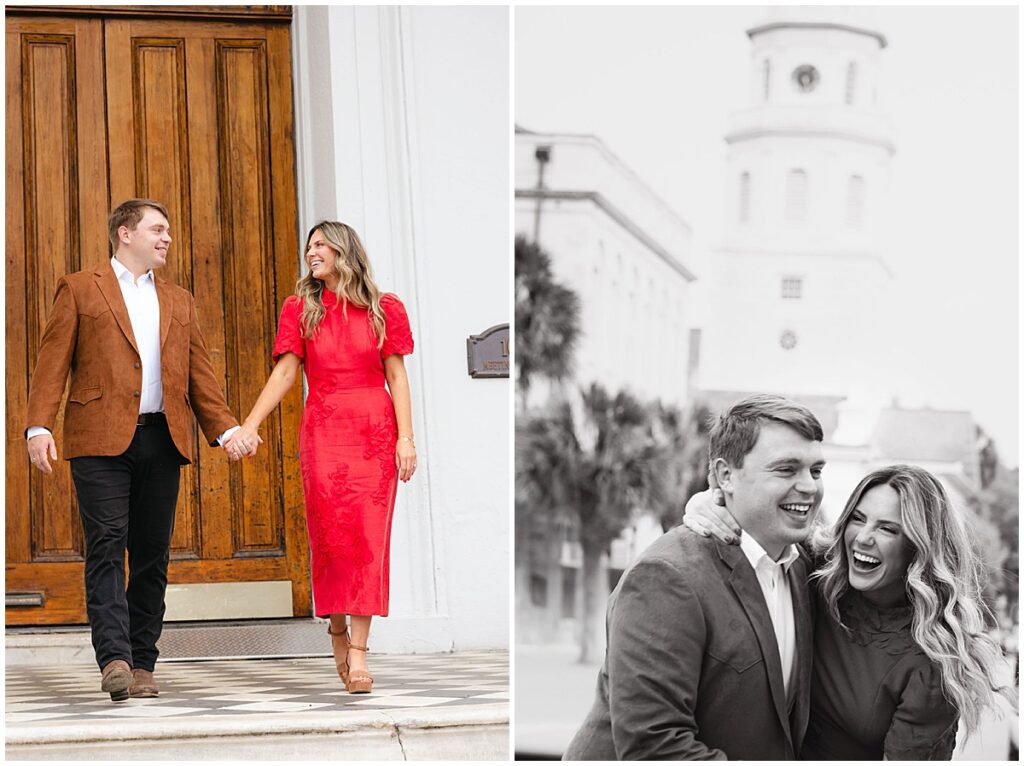 Two images side by side of an engagement session in Charleston, South Carolina. On the left, the couple is walking hand in hand in front of the Hibernian. The second photo is a close up of the couple laughing. All photos taken by Emily Barnes of Emily B Creative.