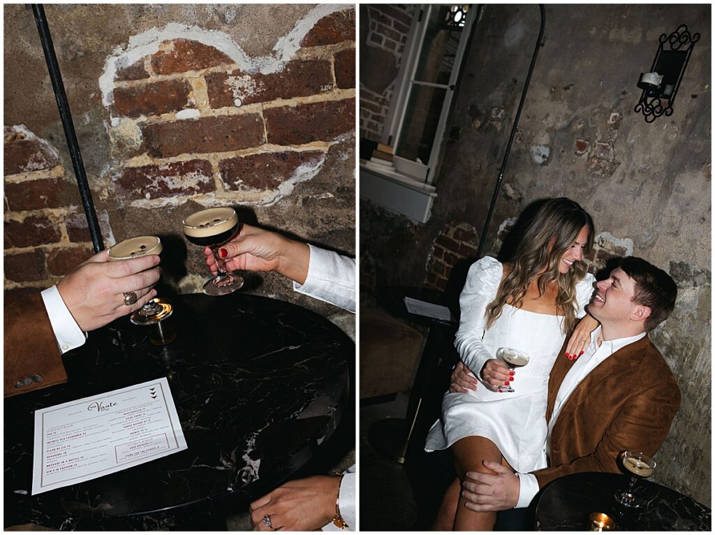 Charleston engagement photos at Bar Vaute. All photos taken by Emily Barnes of Emily B Creative.
